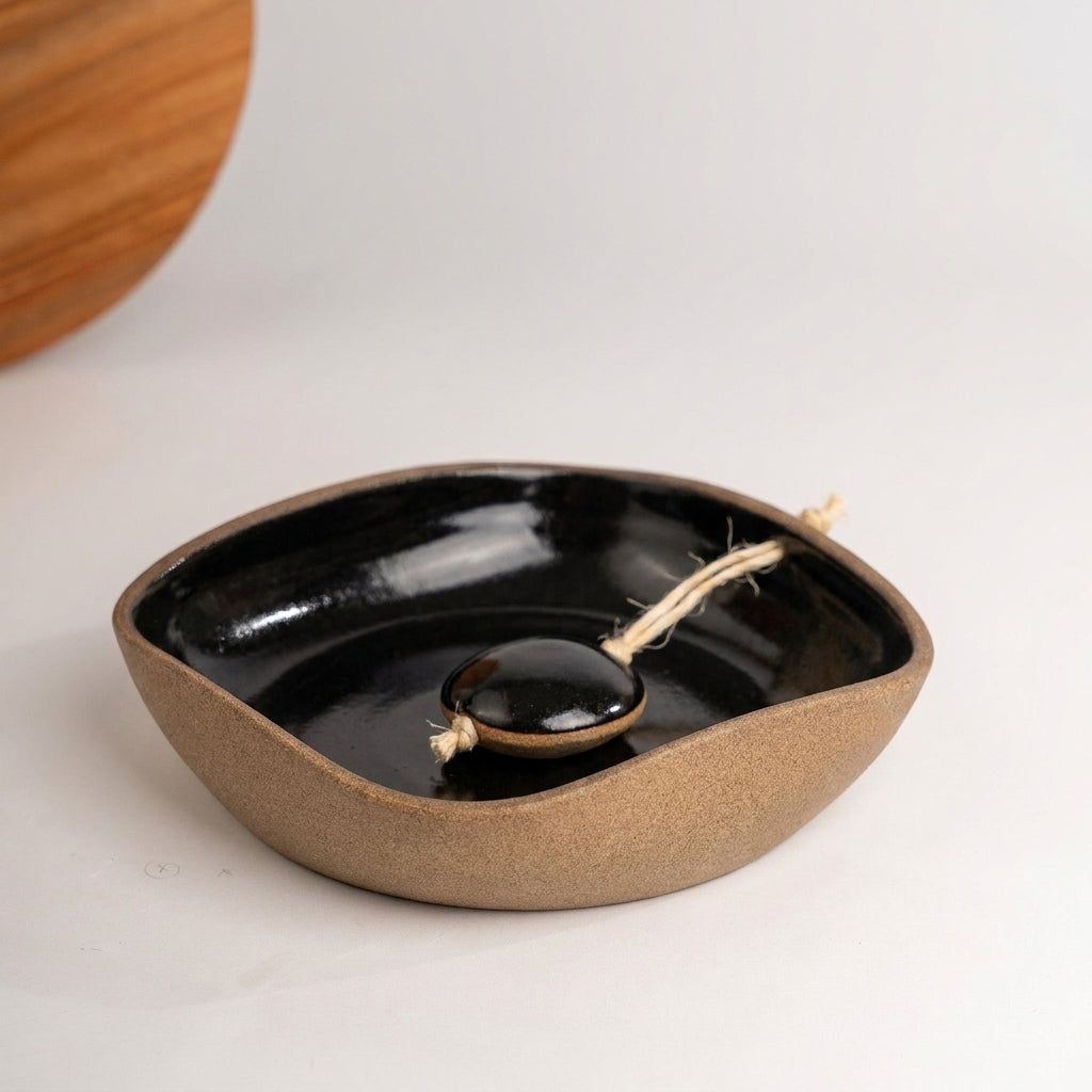 Porta Guardanapos Orgânico com Peso em cerâmica artesanal — tamanho 19CM x 19CM, argila Cappuccino, esmalte Preto Ébano