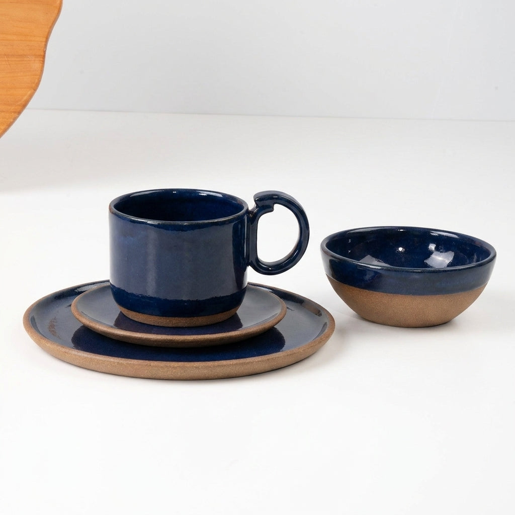 SET Café da manhã com bowl encontro em cerâmica artesanal — argila Cappuccino, esmalte Lazuli