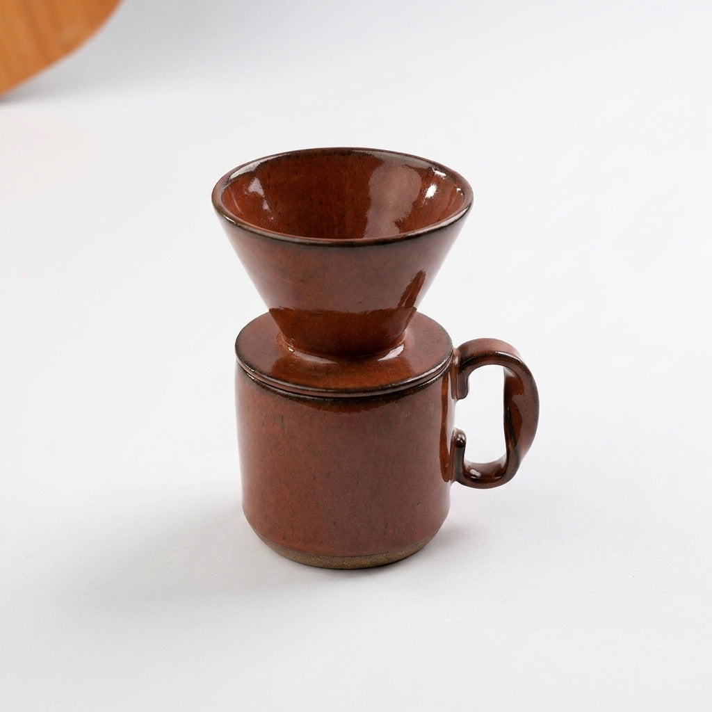 Caneca Alça Torcida com porta filtro em cerâmica artesanal — argila Cappuccino, esmalte Sol de Terracota