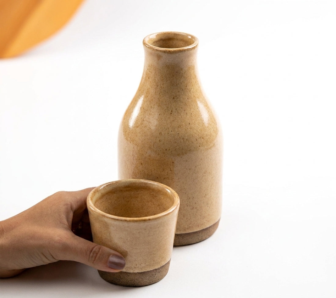 Moringa Slim com Copinho em cerâmica artesanal — argila Cappuccino, esmalte Pedra Sabão