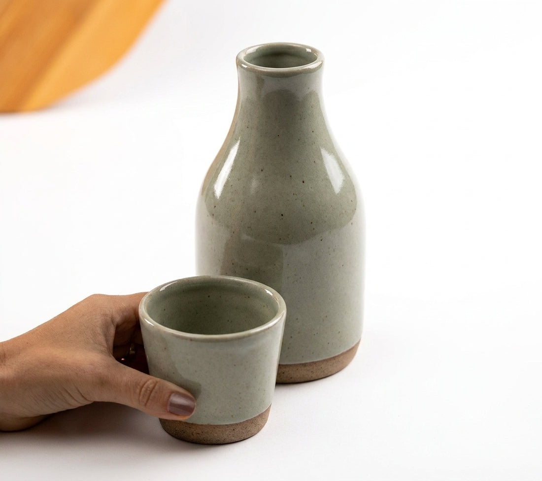 Moringa Slim com Copinho em cerâmica artesanal — argila Cappuccino, esmalte Verde Pompeia