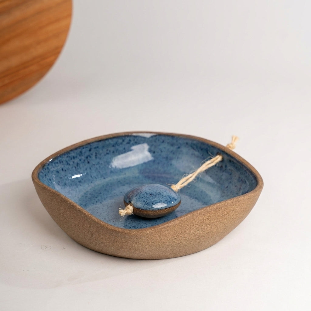 Porta Guardanapos Orgânico com Peso em cerâmica artesanal — tamanho 16CM x 16CM, argila Cappuccino, esmalte Azul Safira