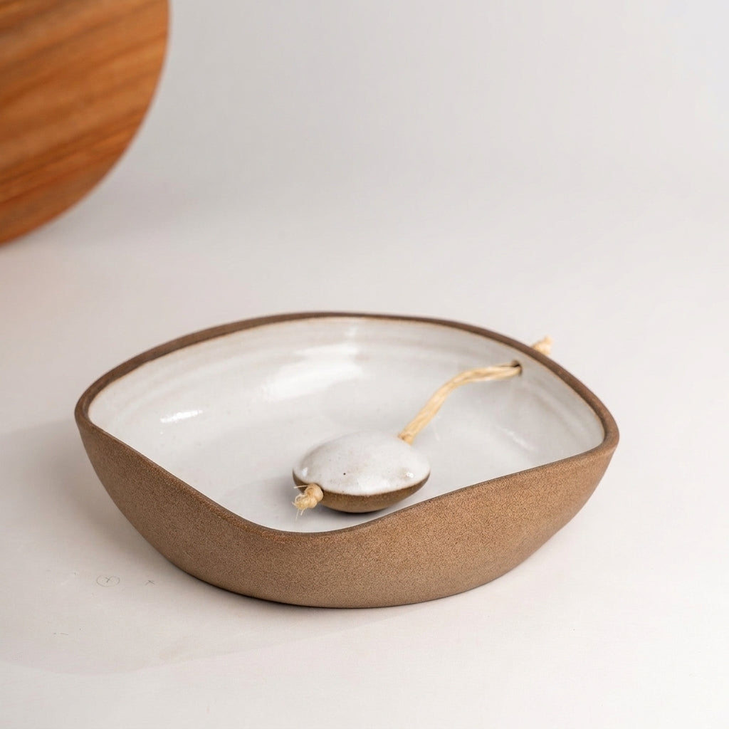 Porta Guardanapos Orgânico com Peso em cerâmica artesanal — tamanho 16CM x 16CM, argila Cappuccino, esmalte Branco AMME