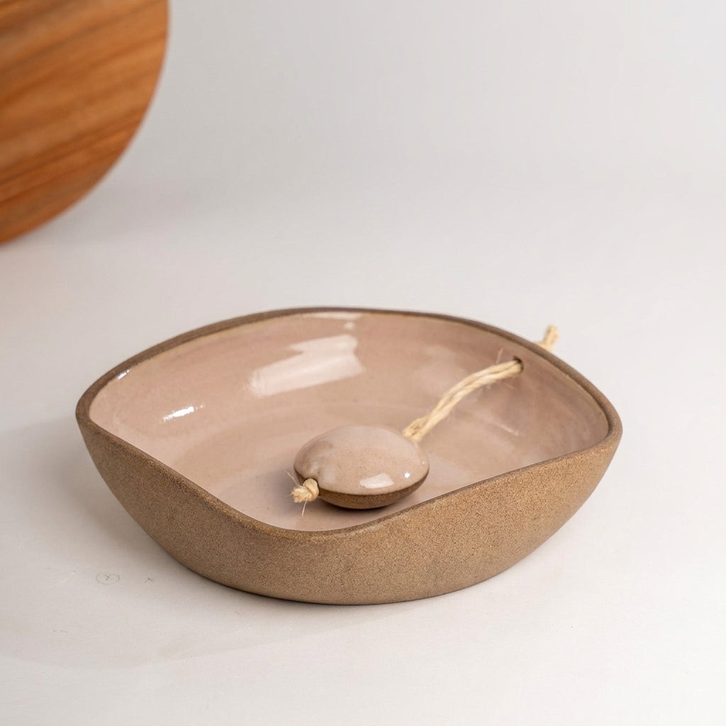 Porta Guardanapos Orgânico com Peso em cerâmica artesanal — tamanho 16CM x 16CM, argila Cappuccino, esmalte Nude