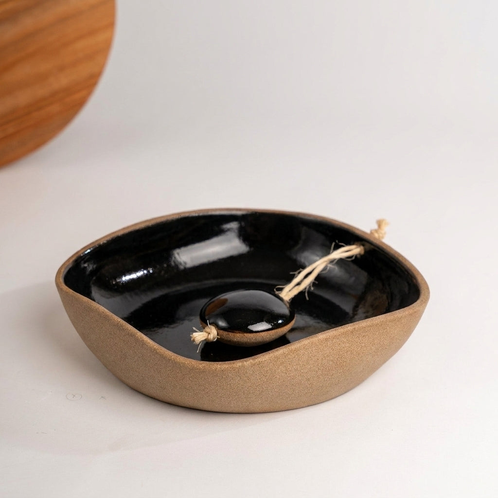 Porta Guardanapos Orgânico com Peso em cerâmica artesanal — tamanho 16CM x 16CM, argila Cappuccino, esmalte Preto Ébano