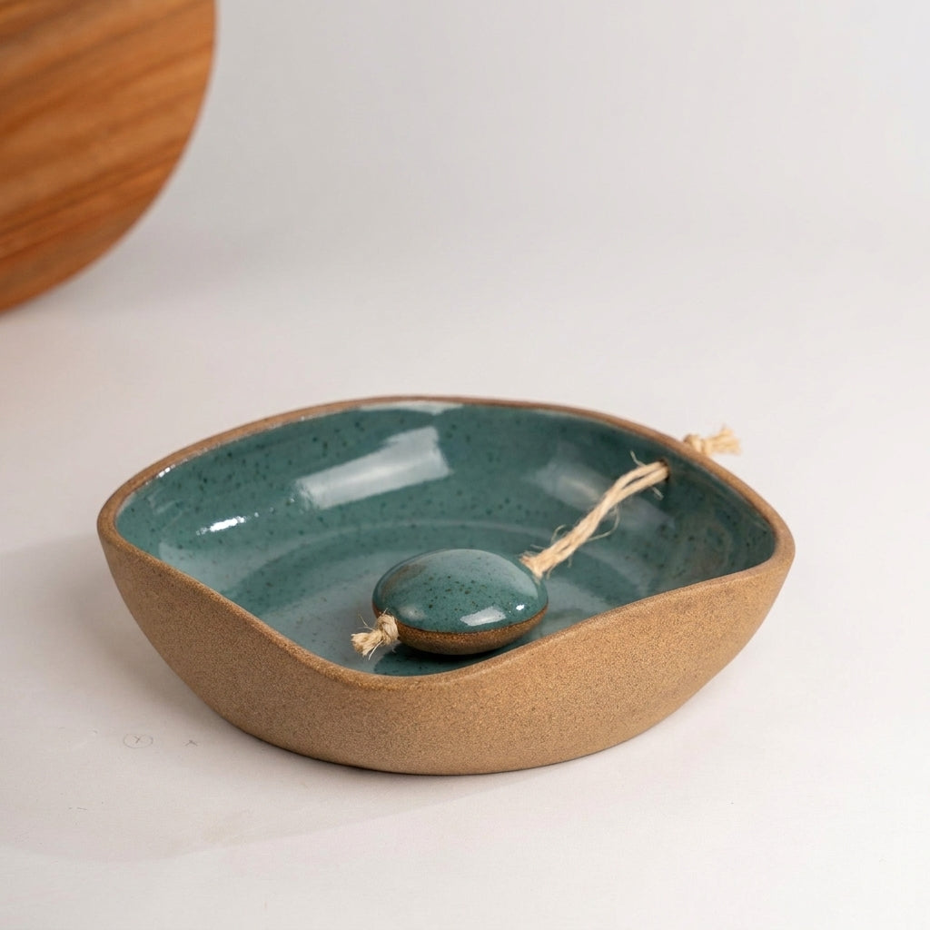 Porta Guardanapos Orgânico com Peso em cerâmica artesanal — tamanho 16CM x 16CM, argila Cappuccino, esmalte Verde Exército