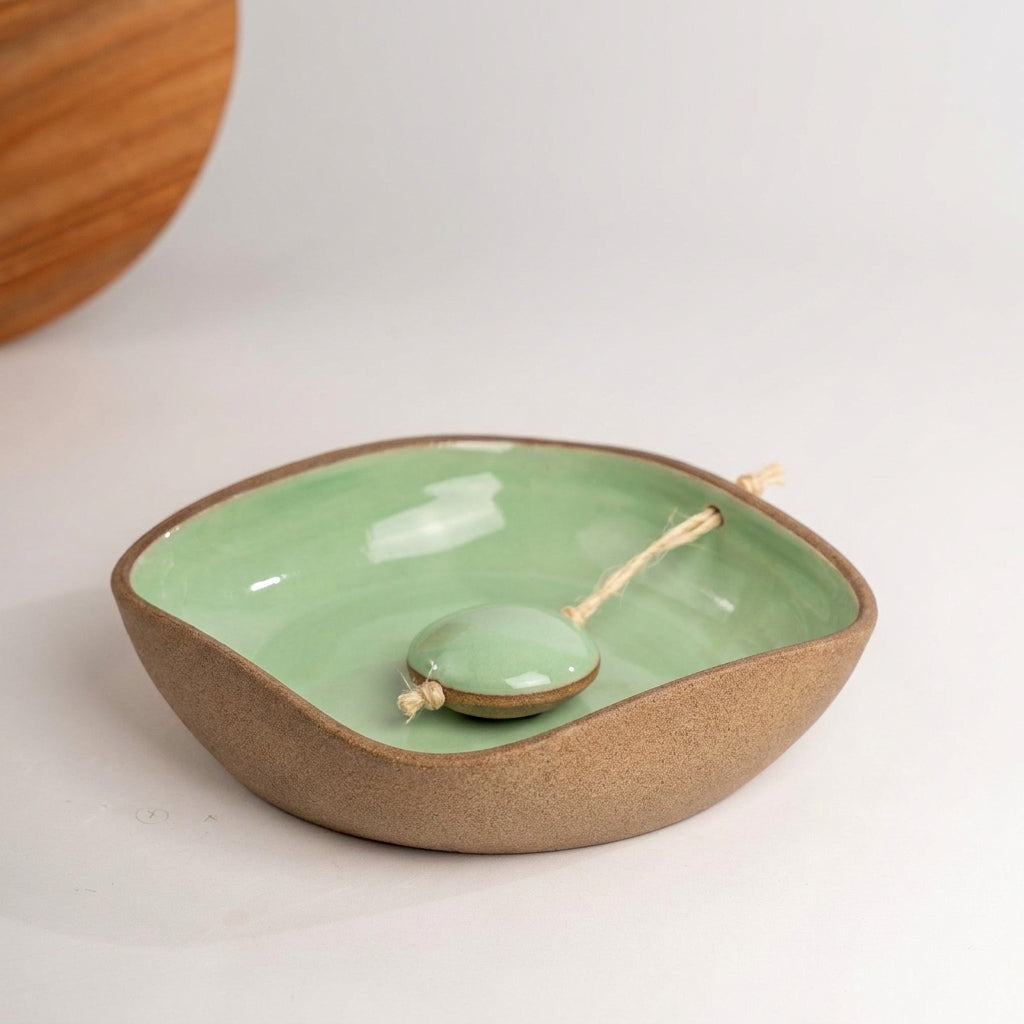 Porta Guardanapos Orgânico com Peso em cerâmica artesanal — tamanho 16CM x 16CM, argila Cappuccino, esmalte Verde Menta