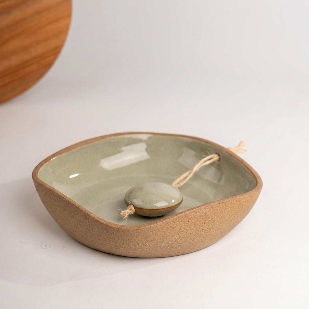Porta Guardanapos Orgânico com Peso em cerâmica artesanal — tamanho 16CM x 16CM, argila Cappuccino, esmalte Verde Pompeia