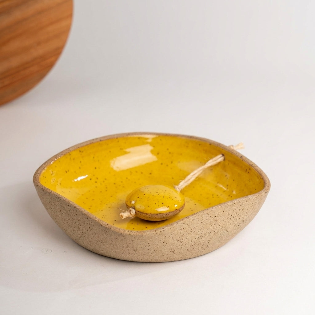 Porta Guardanapos Orgânico com Peso em cerâmica artesanal — tamanho 16CM x 16CM, argila Flocos, esmalte Amarelo Intenso