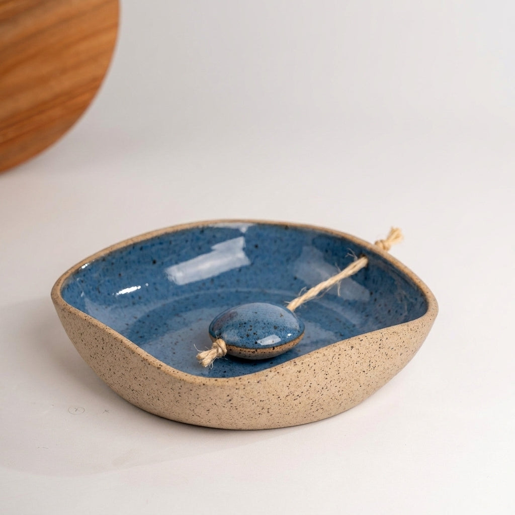 Porta Guardanapos Orgânico com Peso em cerâmica artesanal — tamanho 16CM x 16CM, argila Flocos, esmalte Azul Safira