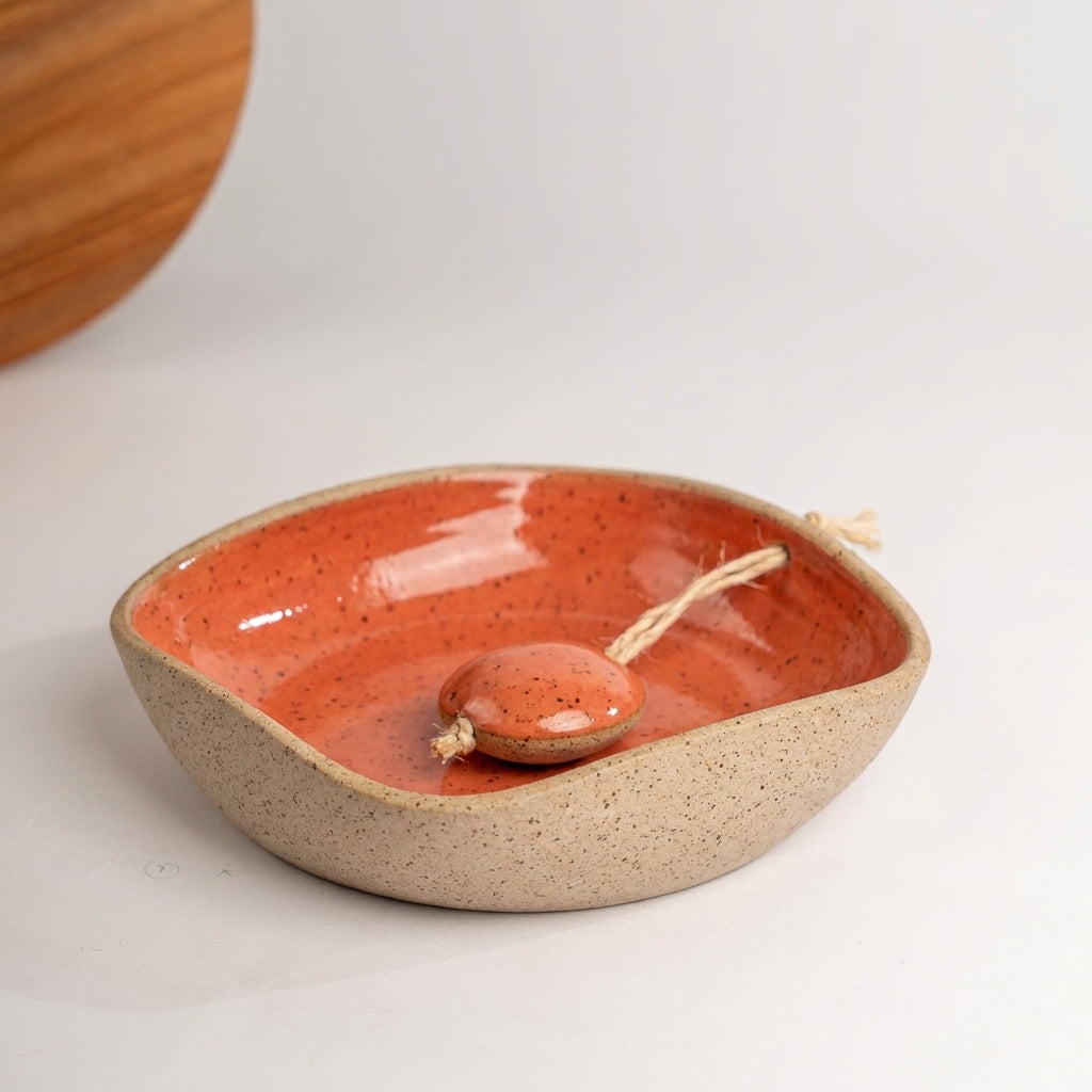 Porta Guardanapos Orgânico com Peso em cerâmica artesanal — tamanho 16CM x 16CM, argila Flocos, esmalte Laranja Intenso
