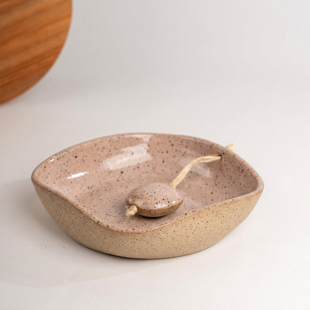 Porta Guardanapos Orgânico com Peso em cerâmica artesanal — tamanho 16CM x 16CM, argila Flocos, esmalte Nude
