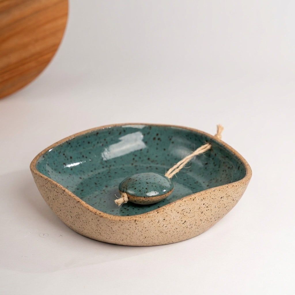 Porta Guardanapos Orgânico com Peso em cerâmica artesanal — tamanho 16CM x 16CM, argila Flocos, esmalte Verde Exército