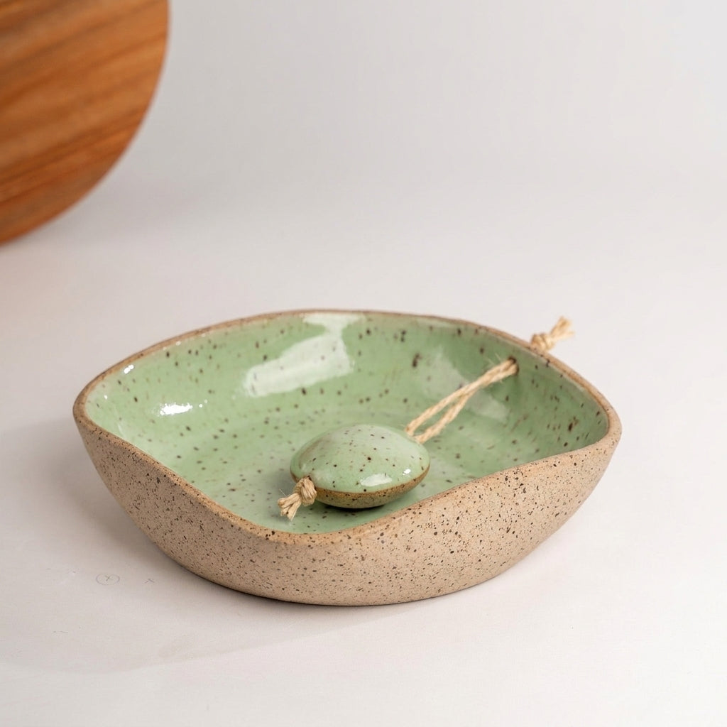 Porta Guardanapos Orgânico com Peso em cerâmica artesanal — tamanho 16CM x 16CM, argila Flocos, esmalte Verde Menta