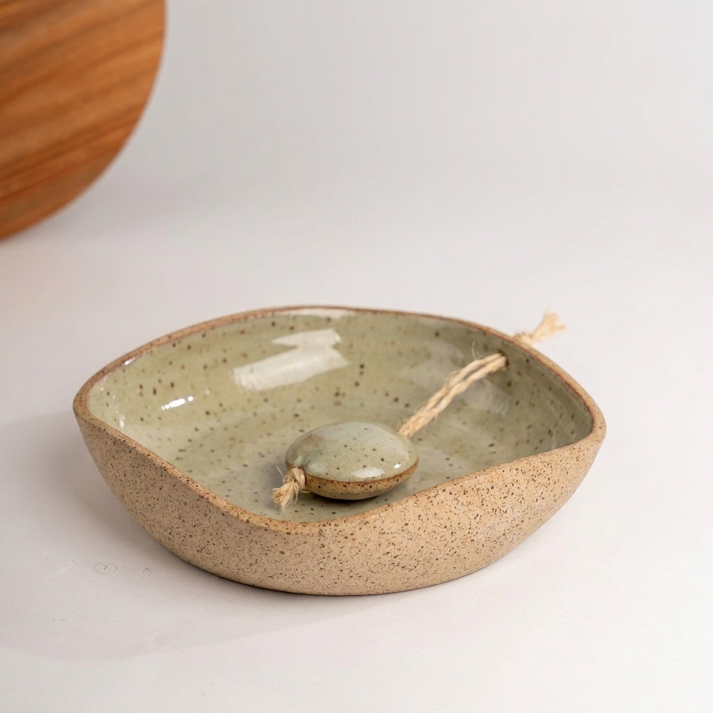 Porta Guardanapos Orgânico com Peso em cerâmica artesanal — tamanho 16CM x 16CM, argila Flocos, esmalte Verde Pompeia