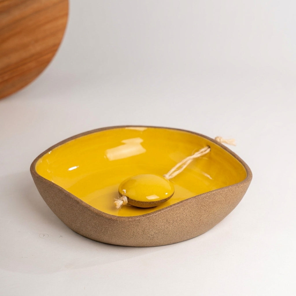 Porta Guardanapos Orgânico com Peso em cerâmica artesanal — tamanho 19CM x 19CM, argila Cappuccino, esmalte Amarelo Intenso