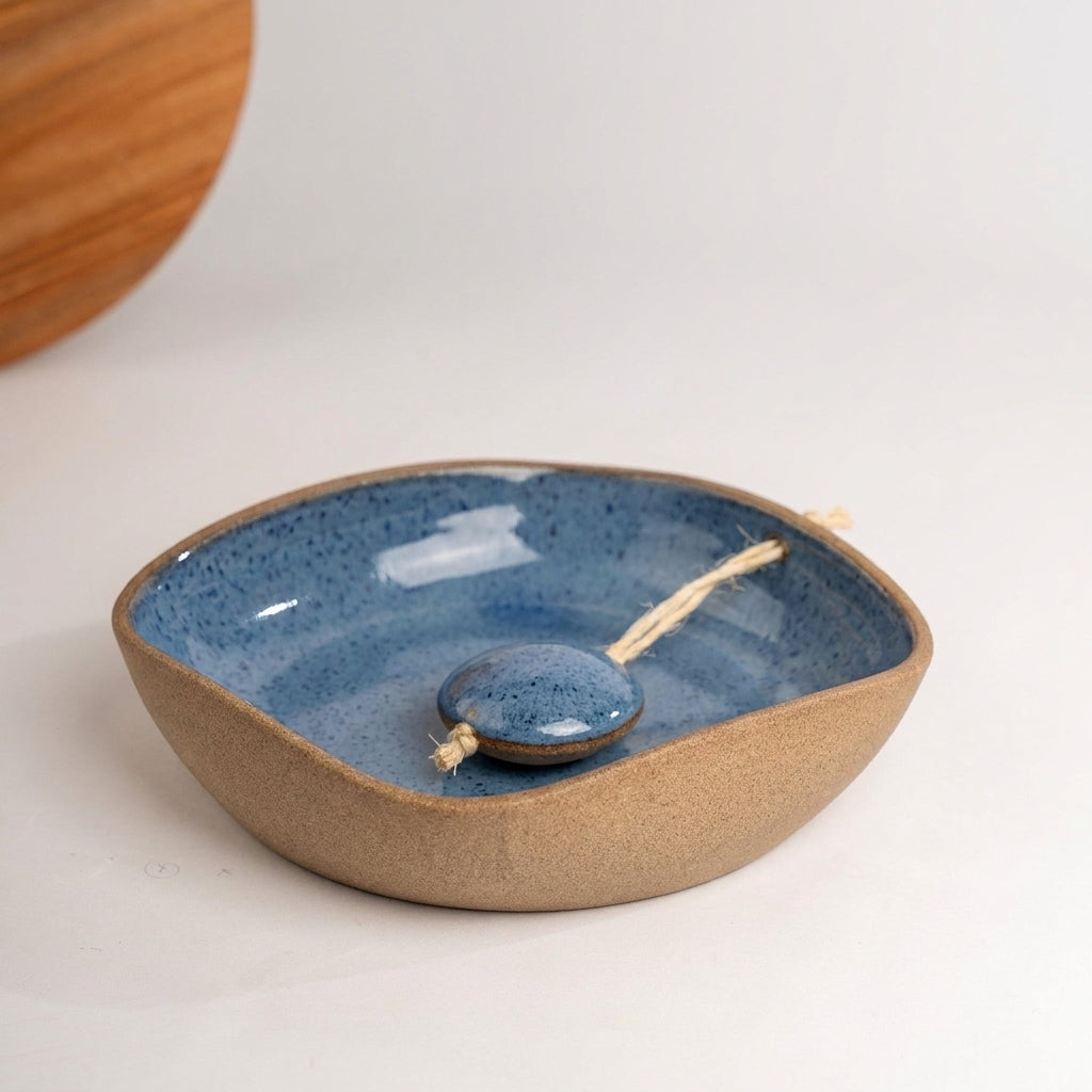 Porta Guardanapos Orgânico com Peso em cerâmica artesanal — tamanho 19CM x 19CM, argila Cappuccino, esmalte Azul Safira