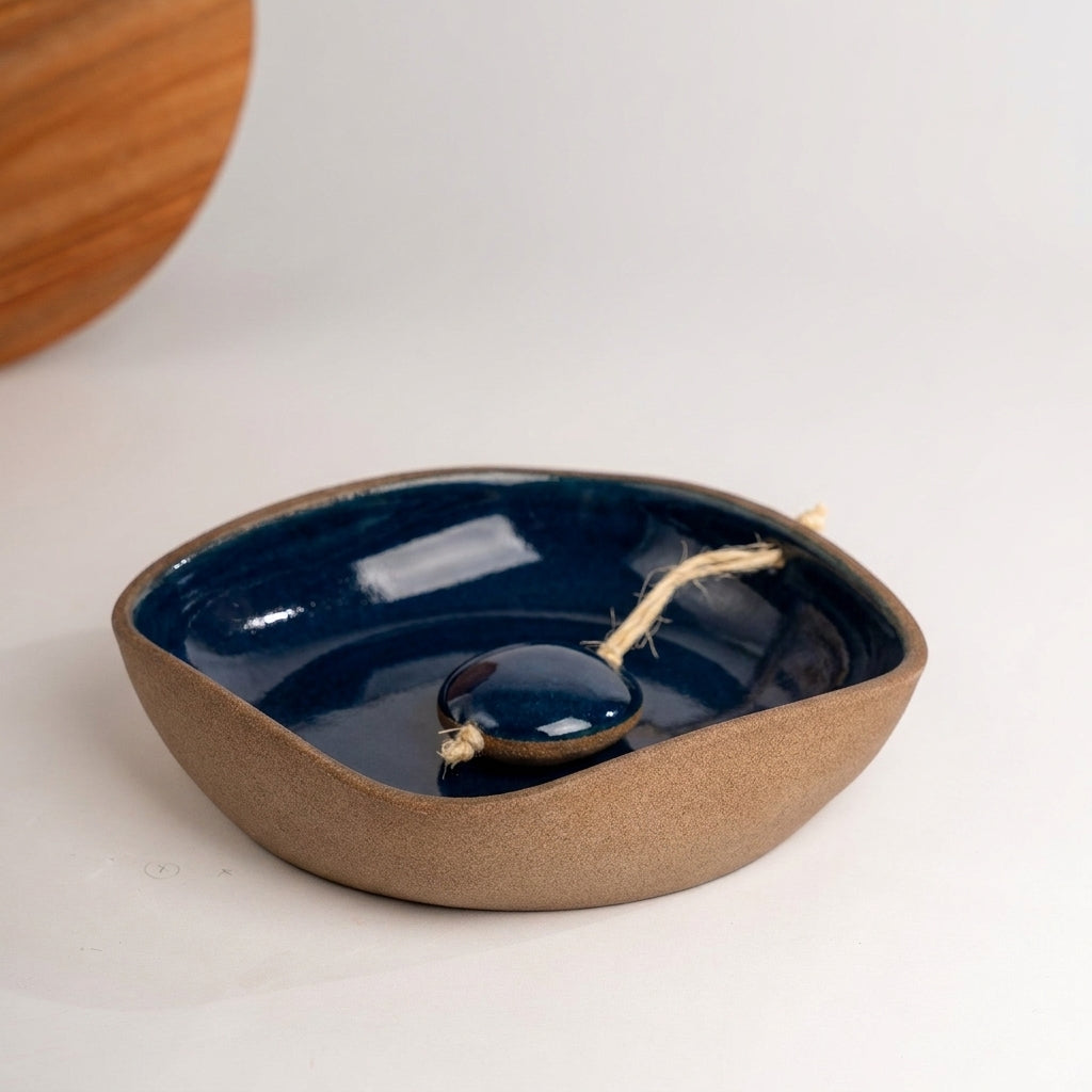 Porta Guardanapos Orgânico com Peso em cerâmica artesanal — tamanho 19CM x 19CM, argila Cappuccino, esmalte Lazuli
