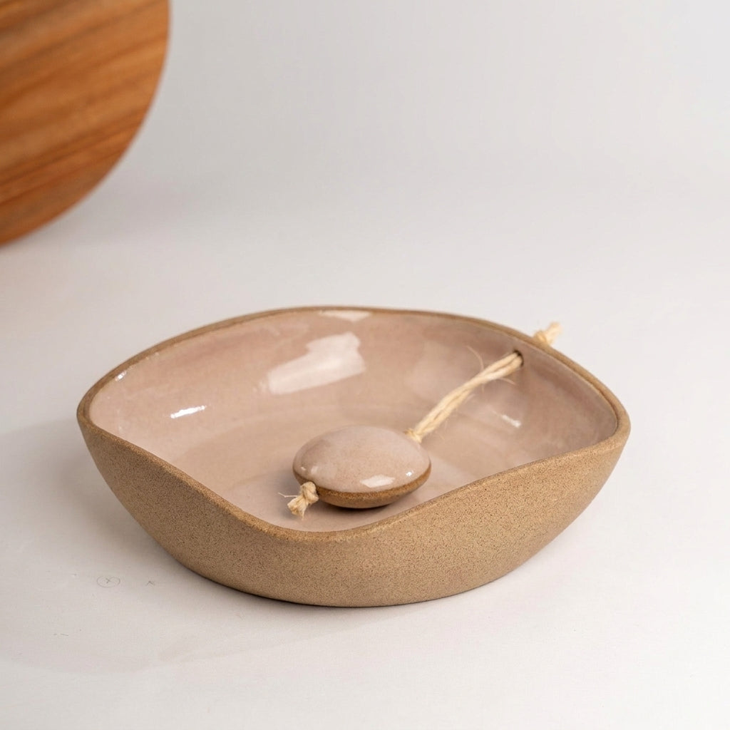 Porta Guardanapos Orgânico com Peso em cerâmica artesanal — tamanho 19CM x 19CM, argila Cappuccino, esmalte Nude
