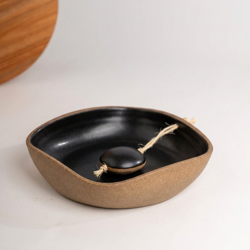 Porta Guardanapos Orgânico com Peso em cerâmica artesanal — tamanho 19CM x 19CM, argila Cappuccino, esmalte Preto Acetinado