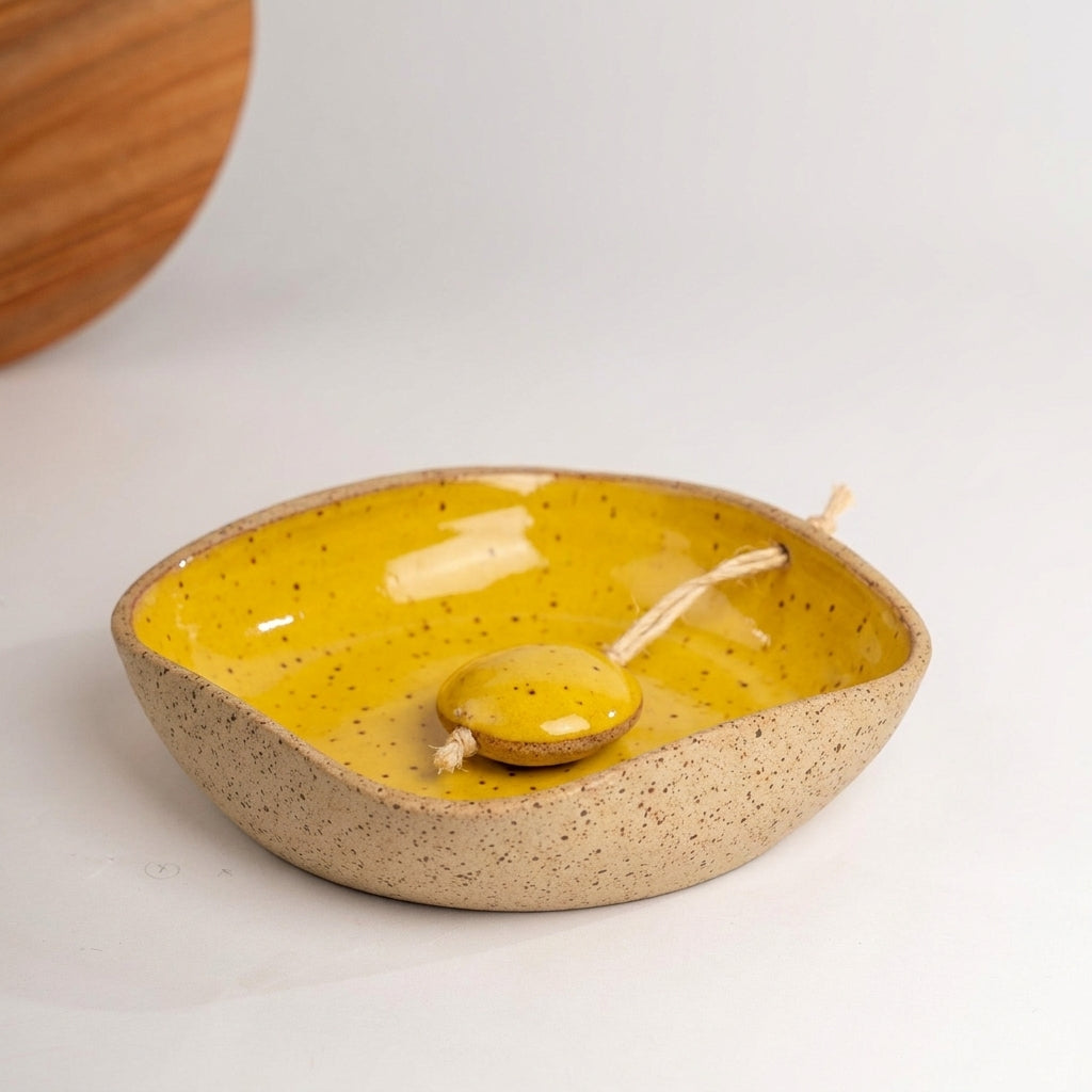 Porta Guardanapos Orgânico com Peso em cerâmica artesanal — tamanho 19CM x 19CM, argila Flocos, esmalte Amarelo Intenso