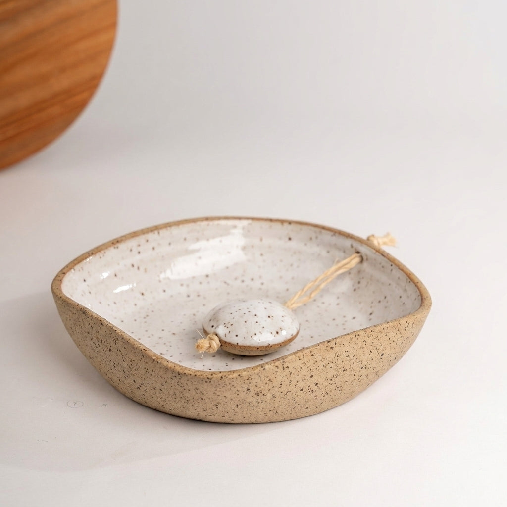 Porta Guardanapos Orgânico com Peso em cerâmica artesanal — tamanho 19CM x 19CM, argila Flocos, esmalte Branco AMME