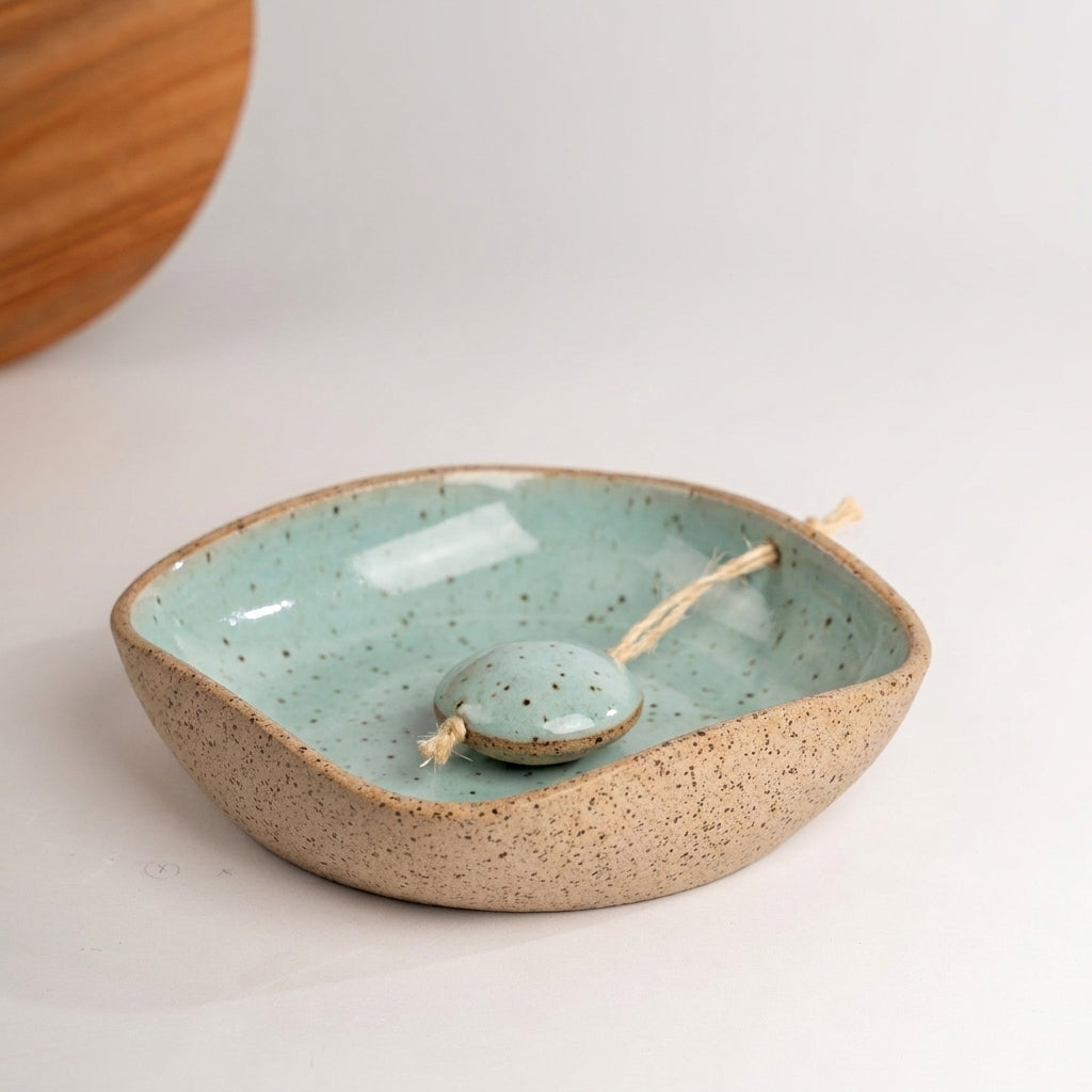 Porta Guardanapos Orgânico com Peso em cerâmica artesanal — tamanho 19CM x 19CM, argila Flocos, esmalte Jujuba