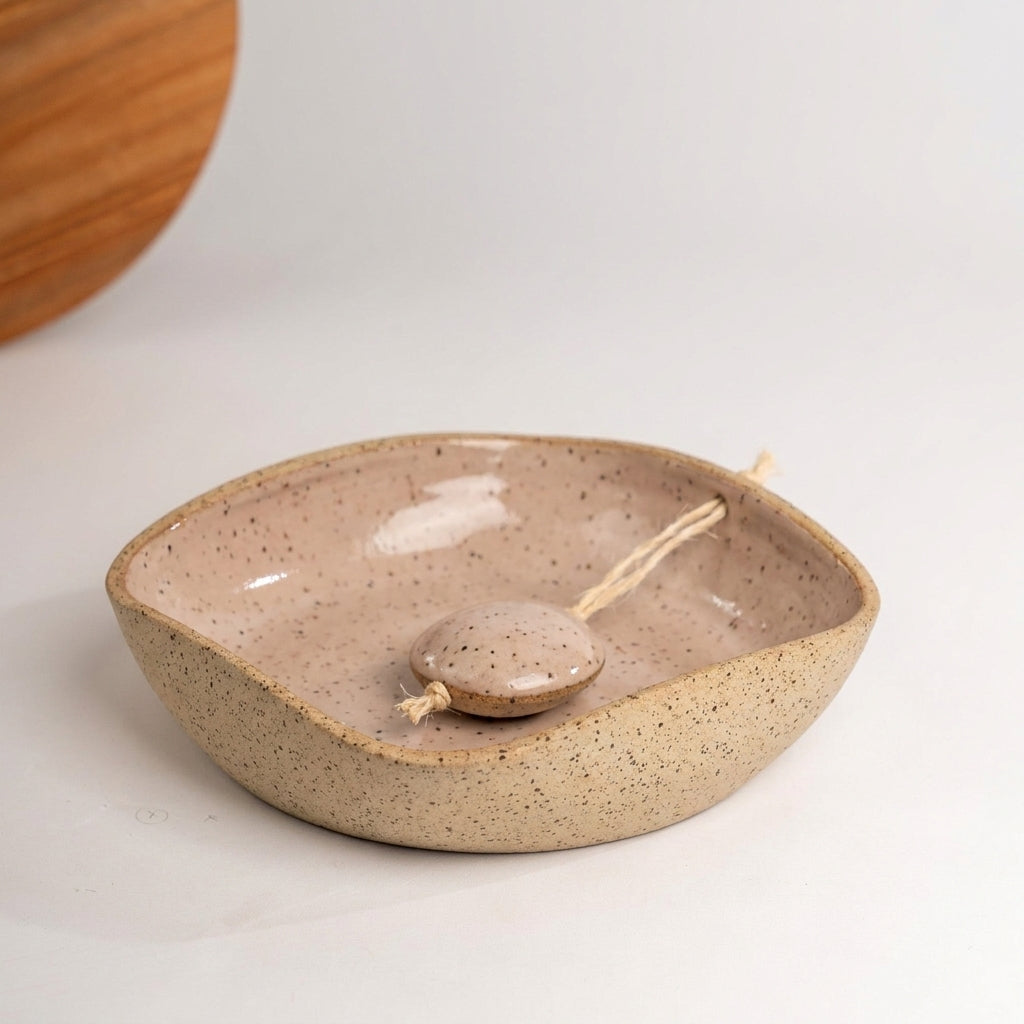 Porta Guardanapos Orgânico com Peso em cerâmica artesanal — tamanho 19CM x 19CM, argila Flocos, esmalte Nude