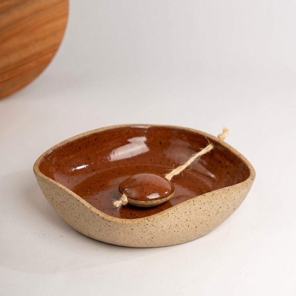 Porta Guardanapos Orgânico com Peso em cerâmica artesanal — tamanho 19CM x 19CM, argila Flocos, esmalte Sol de Terracota