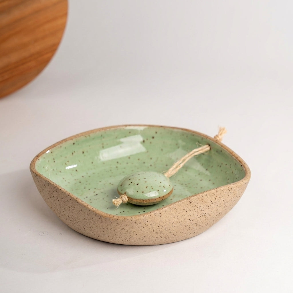 Porta Guardanapos Orgânico com Peso em cerâmica artesanal — tamanho 19CM x 19CM, argila Flocos, esmalte Verde Menta
