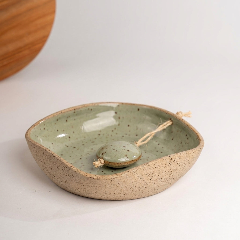 Porta Guardanapos Orgânico com Peso em cerâmica artesanal — tamanho 19CM x 19CM, argila Flocos, esmalte Verde Pompeia