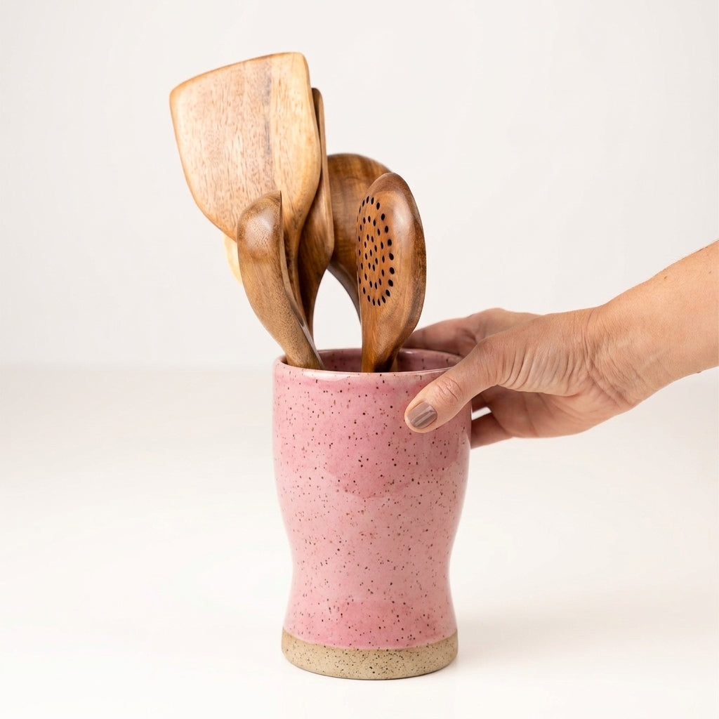 Porta utensílios orgânico em cerâmica artesanal — argila Flocos, esmalte Rosa Barbie