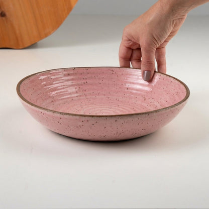 Prato Encontro Fundo Orgânico em cerâmica artesanal — tamanho 25CM, argila Flocos, esmalte Rosa Barbie