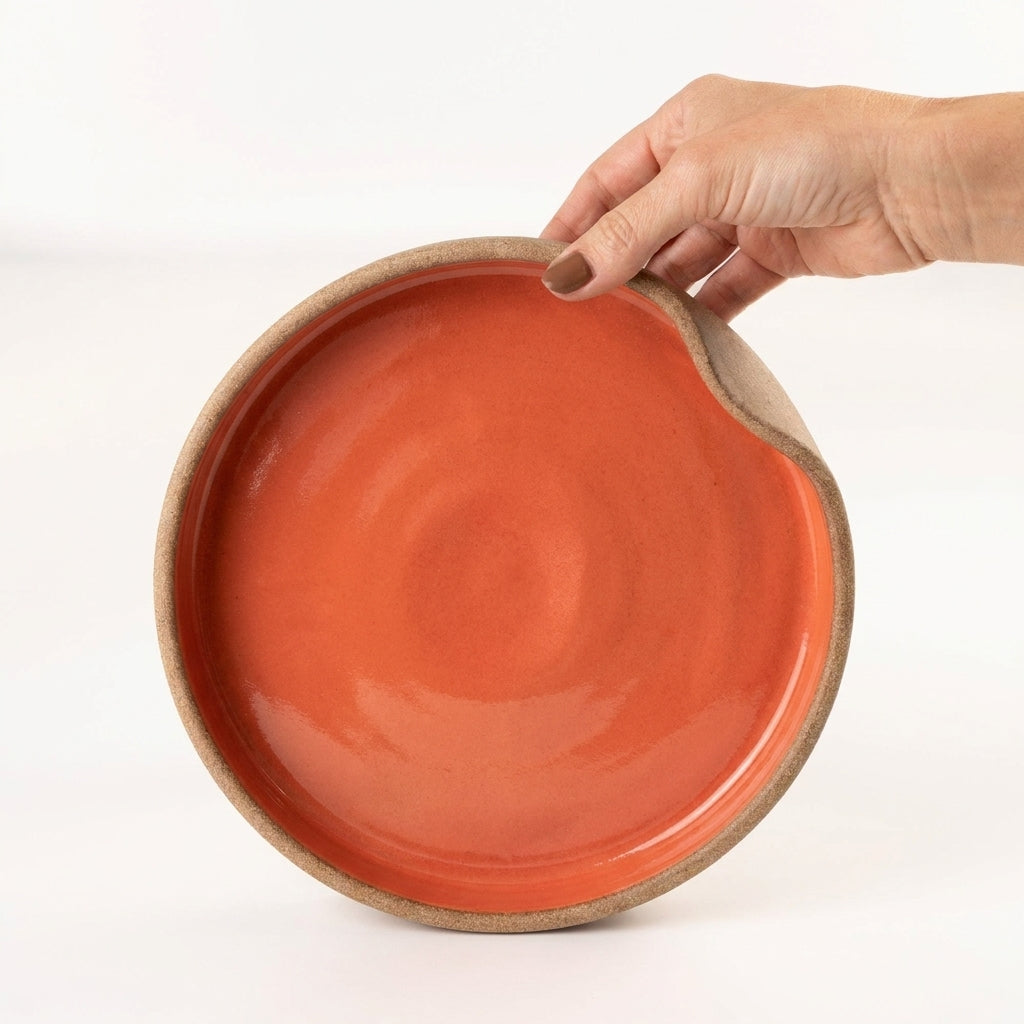 Prato fundo borda reta amassadinha em cerâmica artesanal — tamanho 22CM x 4CM, argila Cappuccino, esmalte Laranja Intenso