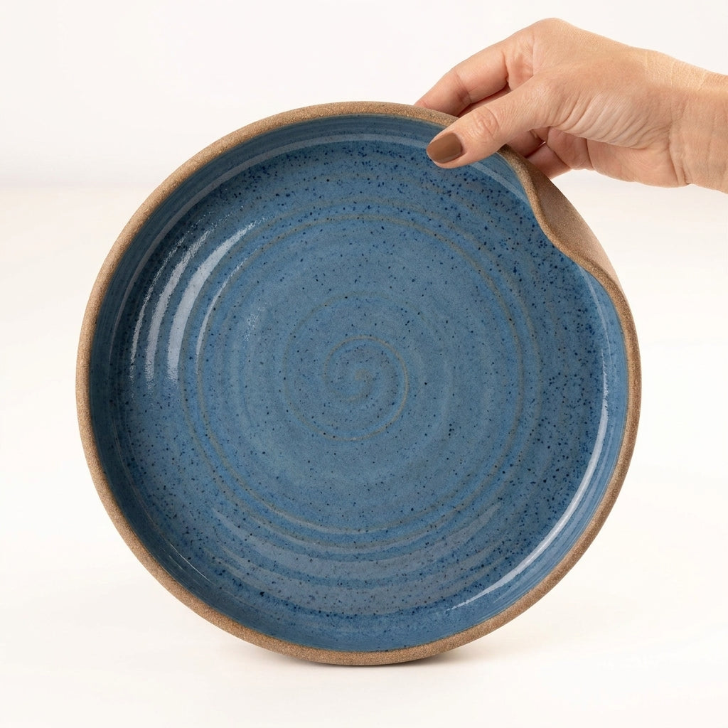 Prato fundo borda reta amassadinha em cerâmica artesanal — tamanho 25CM x 4CM, argila Cappuccino, esmalte Azul Safira