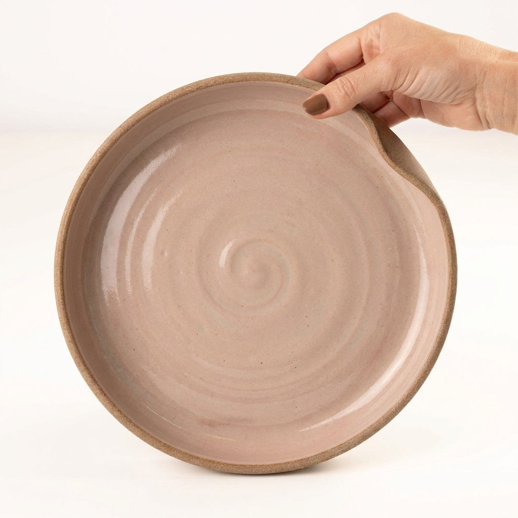 Prato fundo borda reta amassadinha em cerâmica artesanal — tamanho 25CM x 4CM, argila Cappuccino, esmalte Nude