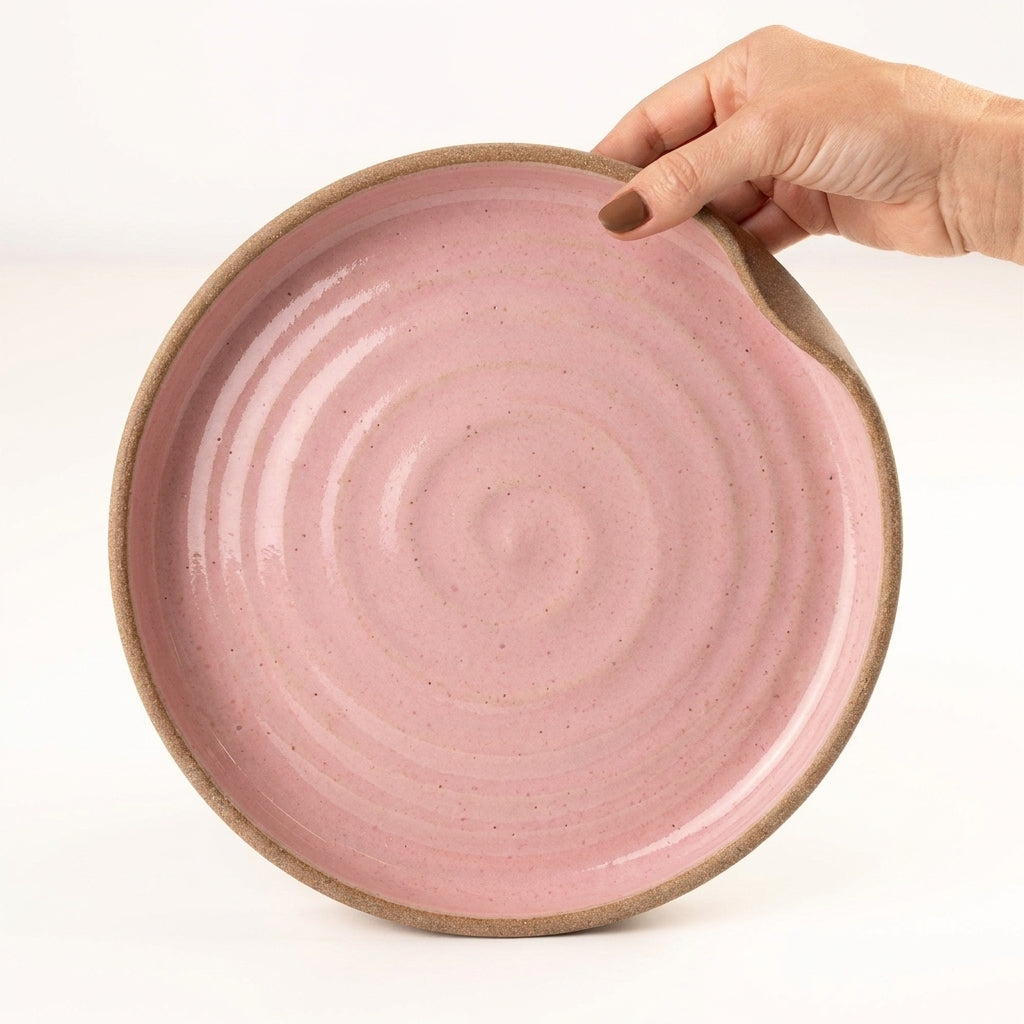 Prato fundo borda reta amassadinha em cerâmica artesanal — tamanho 25CM x 4CM, argila Cappuccino, esmalte Rosa Barbie