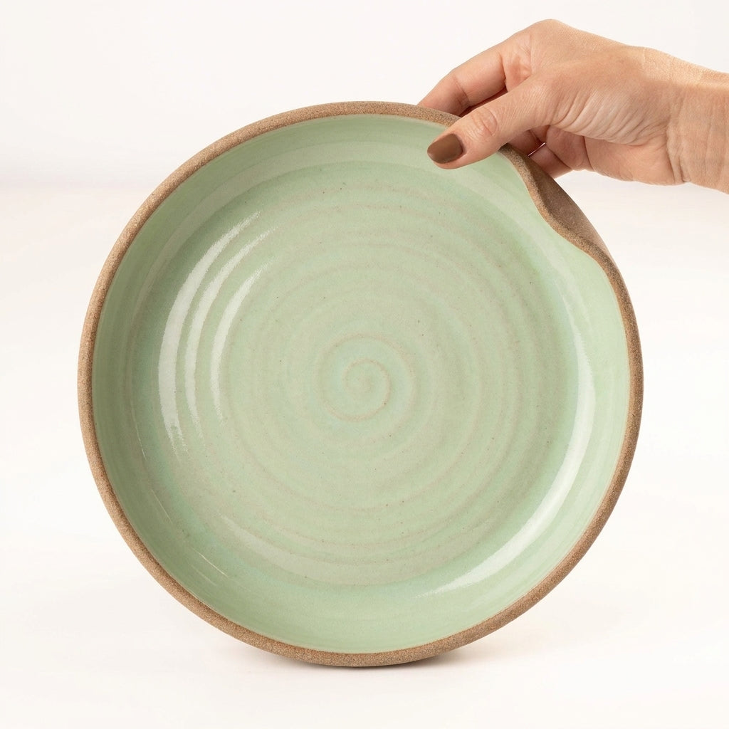 Prato fundo borda reta amassadinha em cerâmica artesanal — tamanho 25CM x 4CM, argila Cappuccino, esmalte Verde Menta