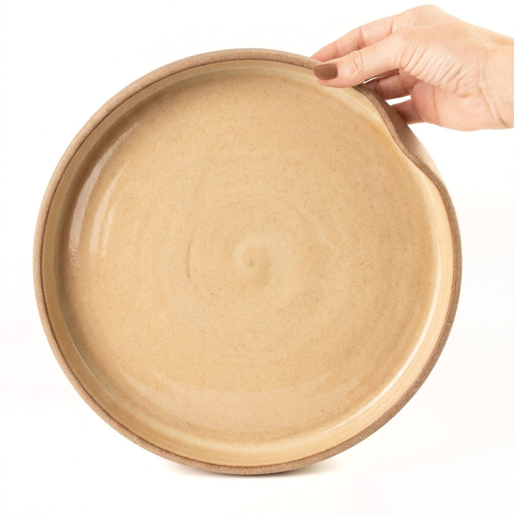Prato fundo borda reta amassadinha em cerâmica artesanal — tamanho 28CM x 4CM, argila Cappuccino, esmalte Pedra Sabão