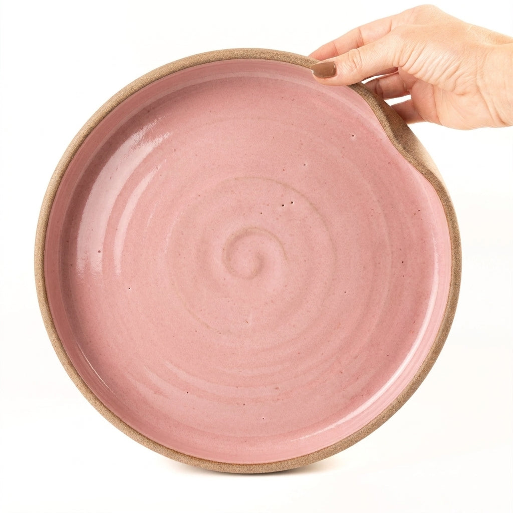 Prato fundo borda reta amassadinha em cerâmica artesanal — tamanho 28CM x 4CM, argila Cappuccino, esmalte Rosa Barbie