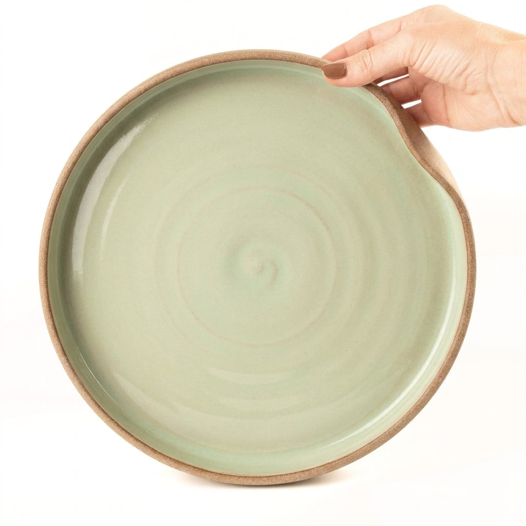 Prato fundo borda reta amassadinha em cerâmica artesanal — tamanho 28CM x 4CM, argila Cappuccino, esmalte Verde Menta