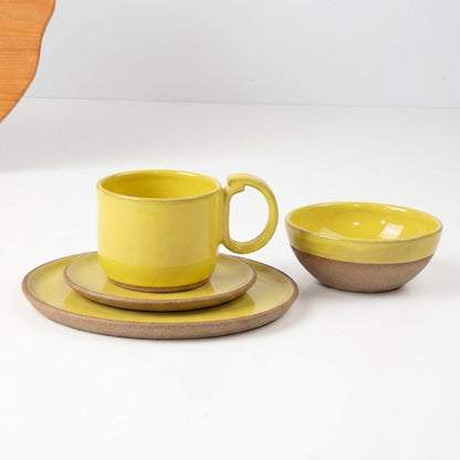 SET Café da manhã com bowl encontro em cerâmica artesanal — argila Cappuccino, esmalte Amarelo Intenso