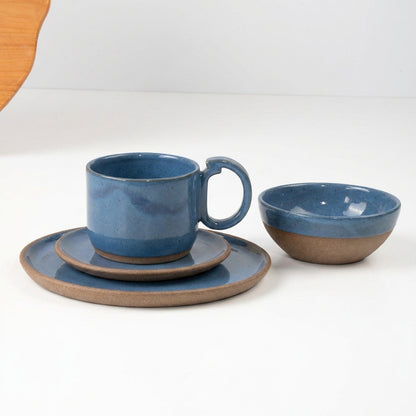 SET Café da manhã com bowl encontro em cerâmica artesanal — argila Cappuccino, esmalte Azul Safira