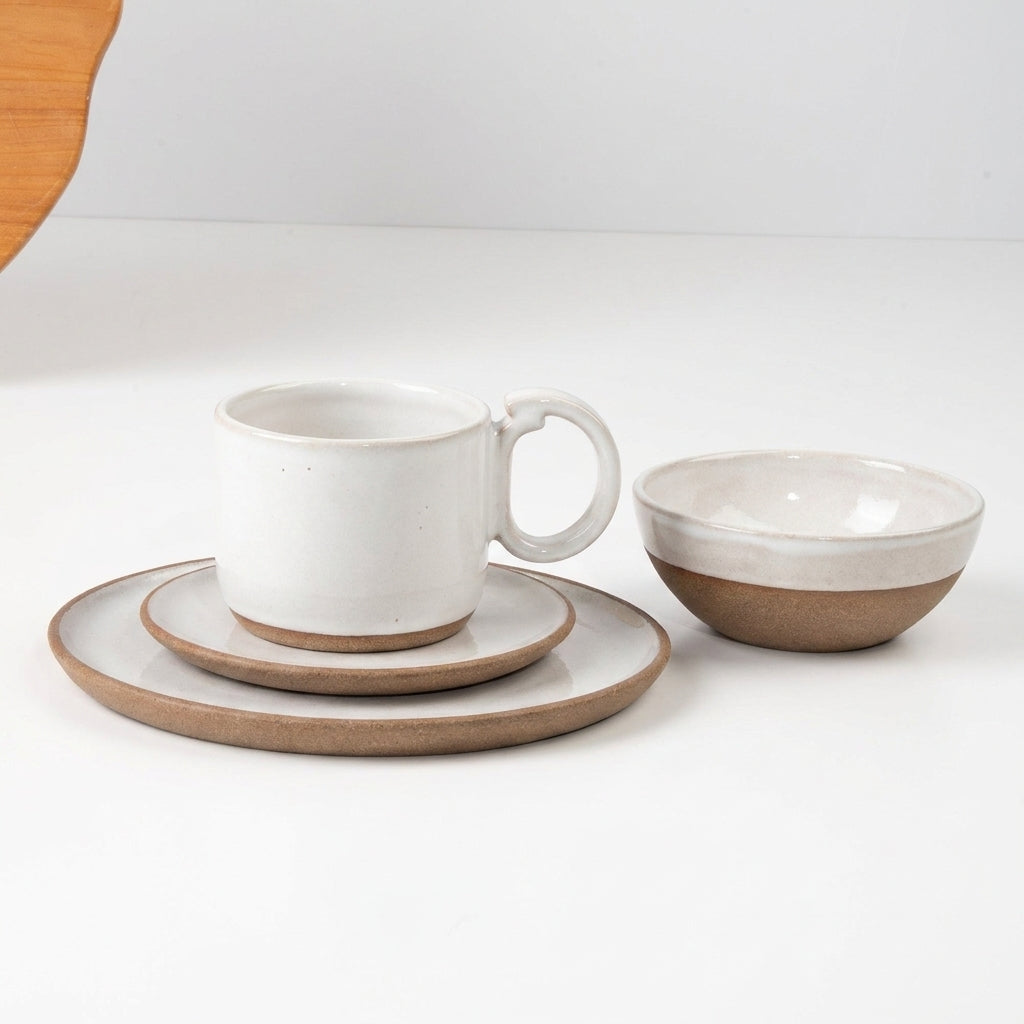 SET Café da manhã com bowl encontro em cerâmica artesanal — argila Cappuccino, esmalte Branco AMME
