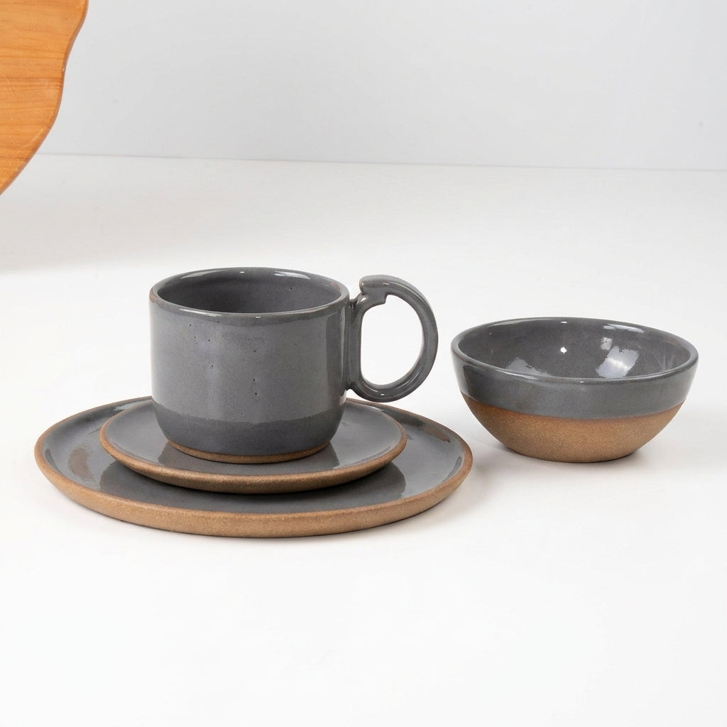 SET Café da manhã com bowl encontro em cerâmica artesanal — argila Cappuccino, esmalte Grafite