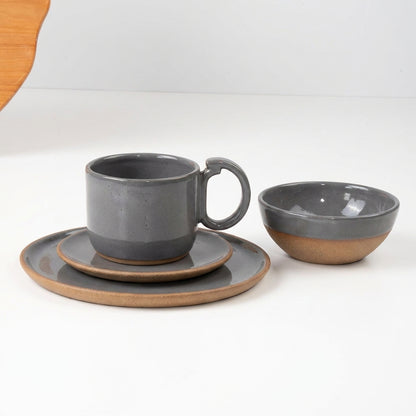 SET Café da manhã com bowl encontro em cerâmica artesanal — argila Cappuccino, esmalte Grafite