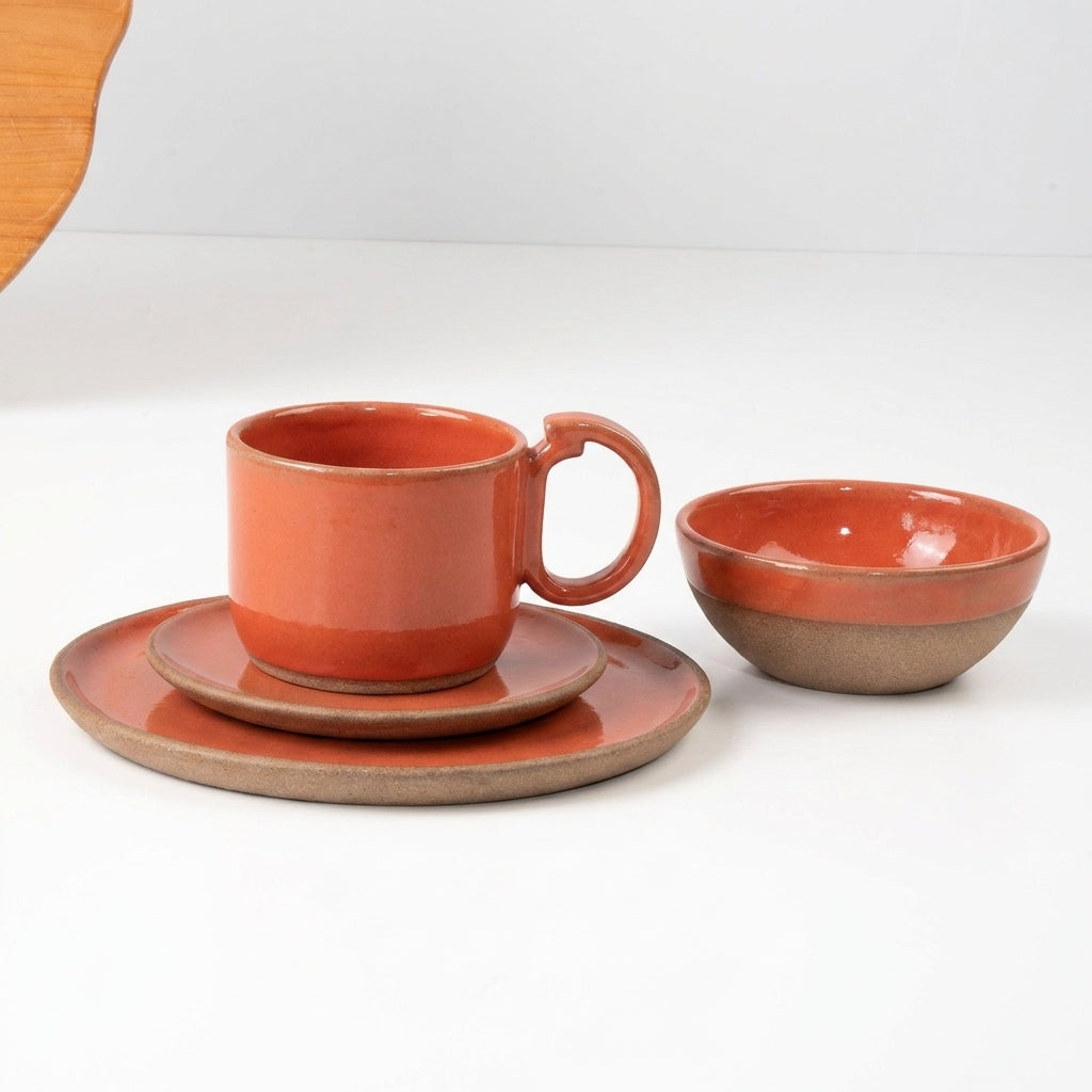 SET Café da manhã com bowl encontro em cerâmica artesanal — argila Cappuccino, esmalte Laranja Intenso