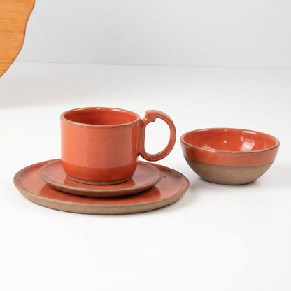 SET Café da manhã com bowl encontro em cerâmica artesanal — argila Cappuccino, esmalte Laranja Intenso