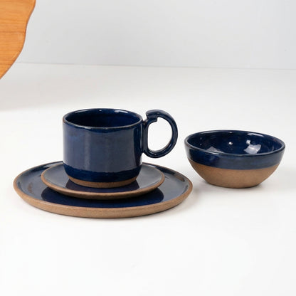 SET Café da manhã com bowl encontro em cerâmica artesanal — argila Cappuccino, esmalte Lazuli