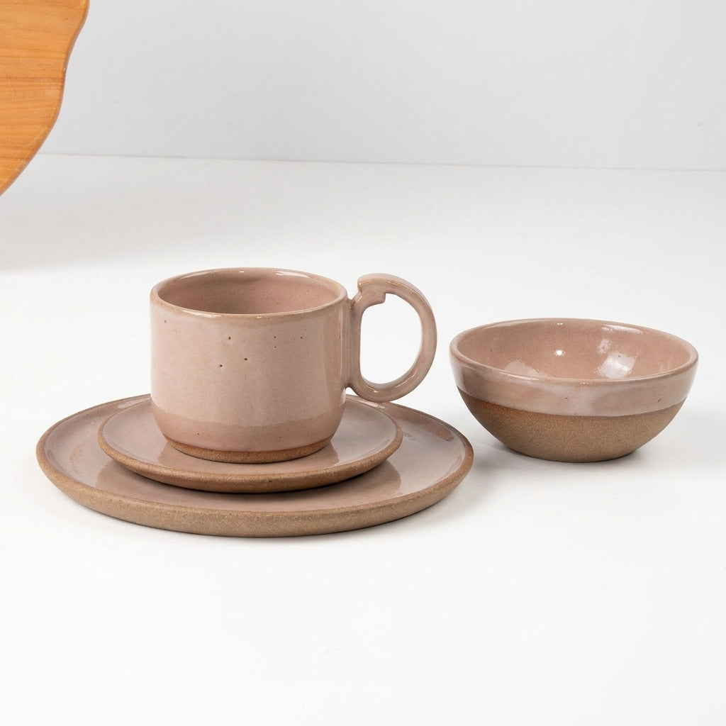SET Café da manhã com bowl encontro em cerâmica artesanal — argila Cappuccino, esmalte Nude